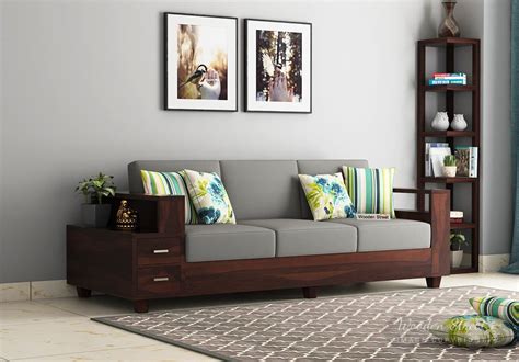 Furniture like sofa set amplifies the appearance of your living rooms. Buy Solace 3 Seater Wooden Sofa (Walnut Finish) Online in India | Living room sofa design ...