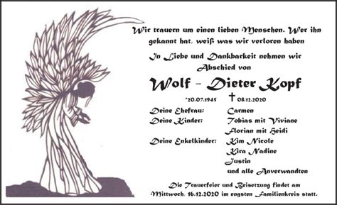 Der ehemalige langstreckenläufer wollte eigentlich lehrer werden, kam allerdings durch eine hospitation mitte der. Traueranzeigen von Wolf-Dieter Kopf | Schwarzwälder Bote ...