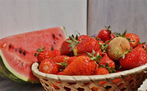 Fresh Strawberries And Watermelon Stock Photo Image Of Basket