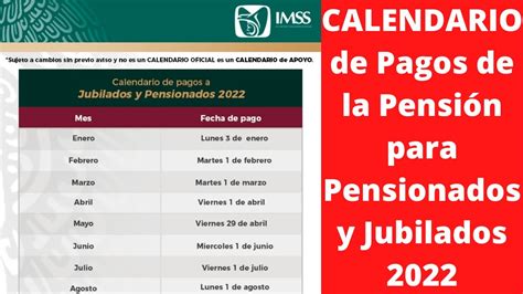 Calendario De Pagos De La Pensión Para Pensionados Y Jubilados 2022