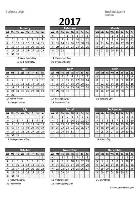 2017 Yearly Spreadsheet Calendar Free Printable Templates