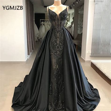 Black Evening Dress Long 2019 Mermaid Sequin With Detachable Skirt