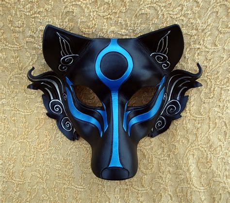 Black Okami Leather Mask Handmade Japanese Wolf Mask In Black Blue