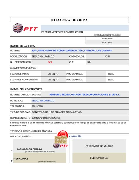 Xls Bitacora De Obra Ptt Diana Echeverria