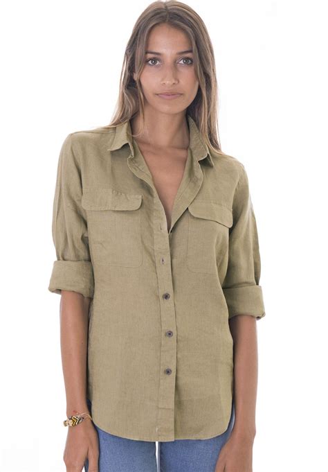 Lete Khaki Relaxed Linen Shirt With Pockets Camixa Usa
