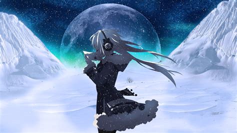 Moon Headphones Snow Night Anime Girls Wallpapers Hd
