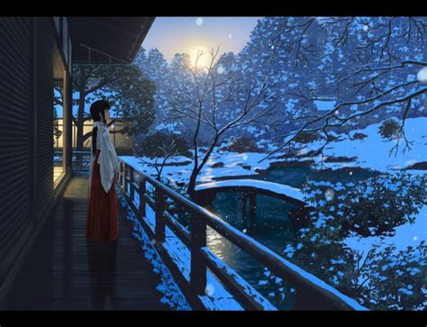 Anime Girl Kimono Winter Snow Light Night