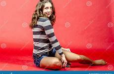 girl striped youthful denim cheerful sweater shorts walking young style