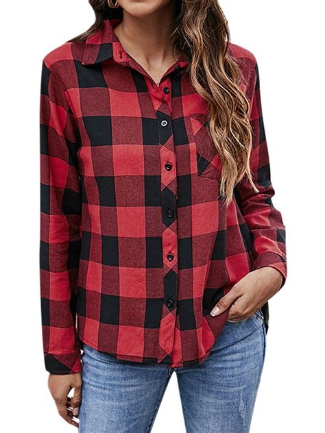 Ukap Ukap Women Vintage Flannel Plaid Shirt Button Up Front Tunic Blouses V Neck Swallowtail