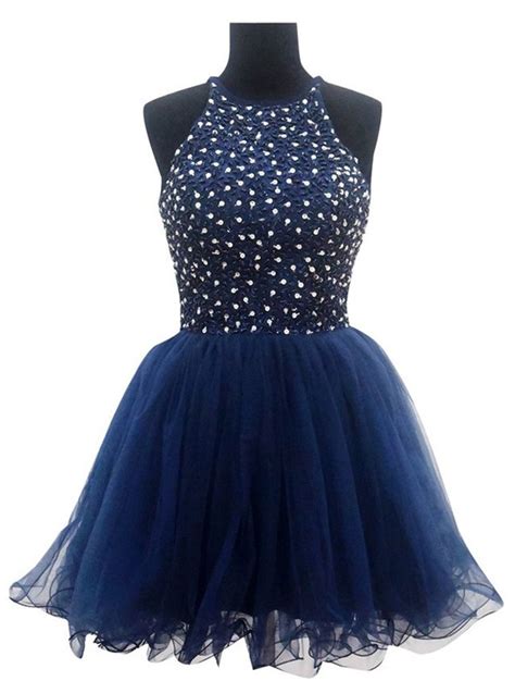 Navy Blue Short Halter Homecoming Dress With Sequin Embellishment On Luulla
