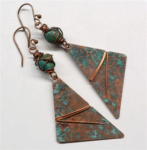 Hammered Rustic Copper Earrings With Turquoise E By Sunstones On