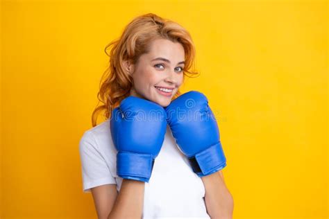 Happy Smiling Portrait Of Beauy Woman In Boxing Gloves Winning Success