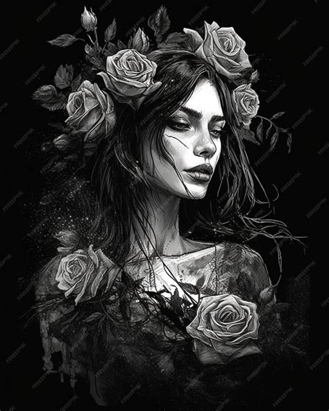 Premium Ai Image A Black And White Drawing Of A Woman With Roses On