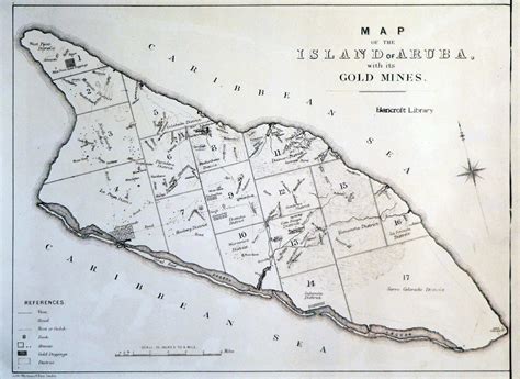 Large Old Map Of The Island Of Aruba With Its Gold Mines 1885 Aruba