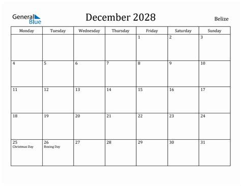 December 2028 Belize Monthly Calendar With Holidays