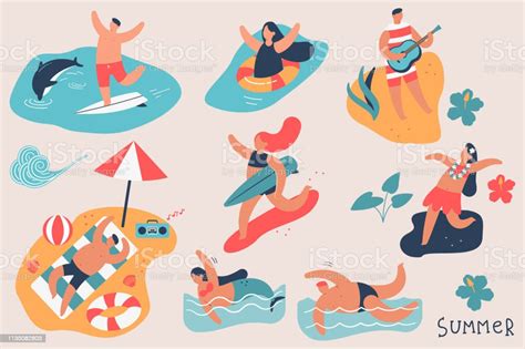 Summer People Vector Cartoon Character Set Man And Woman On The Beach