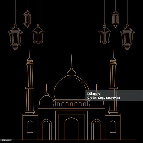Desain Vektor Garis Besar Lentera Dan Masjid Ilustrasi Stok Unduh