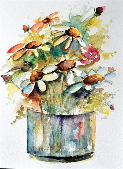 Original Watercolor Painting Wild Flowers In A Vase White Daisies