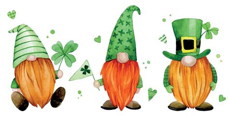 Watercolor Drawing Set For St Patrick S Day Cute Gnomes Leprechauns In Green Clothes With A