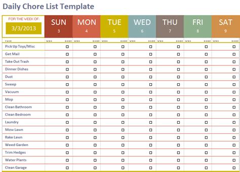 Printable Chore Chart Organize Tasks Weekly Microsoft Excel Images