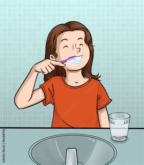 Niña Lavándose Los Dientes En Baño Frente Al Espejo Ilustración De