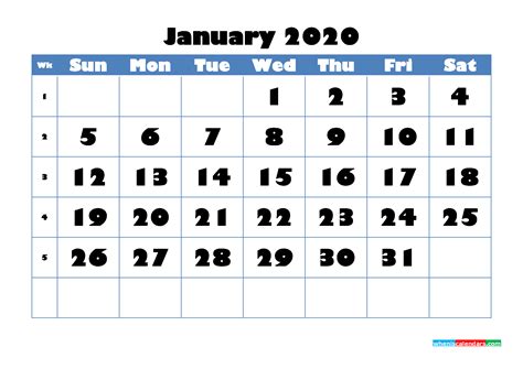 Blank Calendar For January 2020 Printable Word Format
