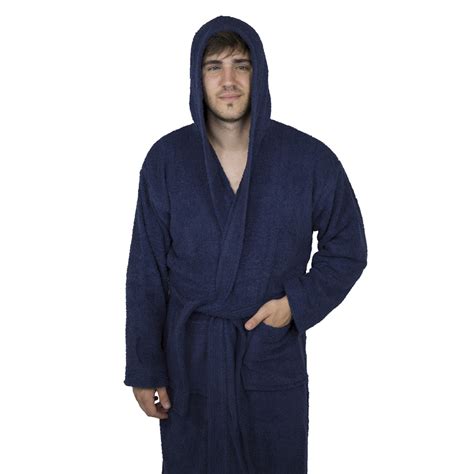 Mens Terry Toweling Cotton Bathrobe Hooded Dressing Gown Navy