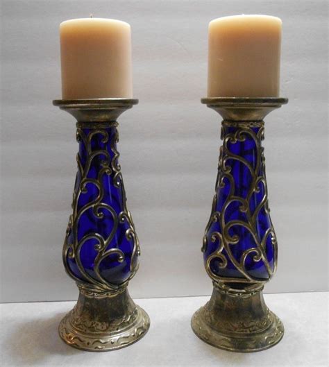 Antique Cobalt Blue Glass Pair Candle Holders With Silver Plate Scroll Overlay Candle Holders