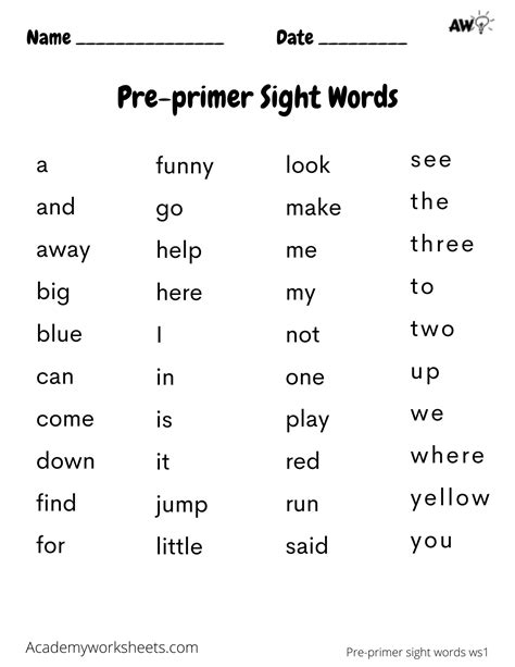 Pre Primer Sight Words Dolche Academy Worksheets