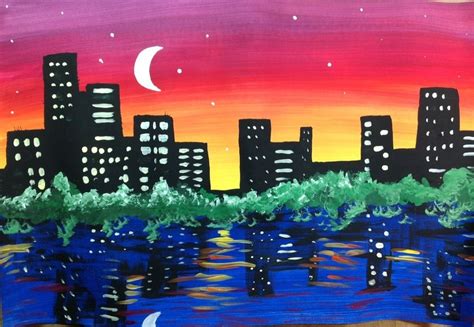 Night City Skyline Painting Lesson Skyline Painting School Art