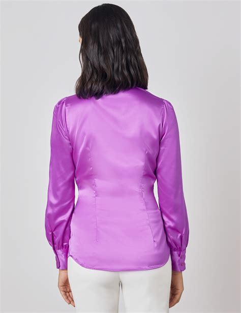 Plain Satin Women S Fitted Blouse With Single Cuff And Pussy Bow In Bright Purple Hawes And Curtis