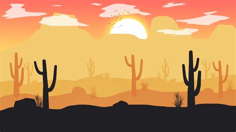 Wallpaper Landscape Desert Cactus Rocks Sand Sun Sunset Birds