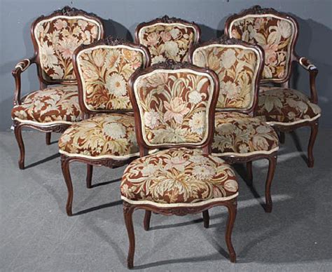 Pair of carved antique hall chairs with tapestry upholstery. RARE 6 FRENCH WALNUT LOUIS TAPESTRY CHAIRS W ARMS C1900 ...