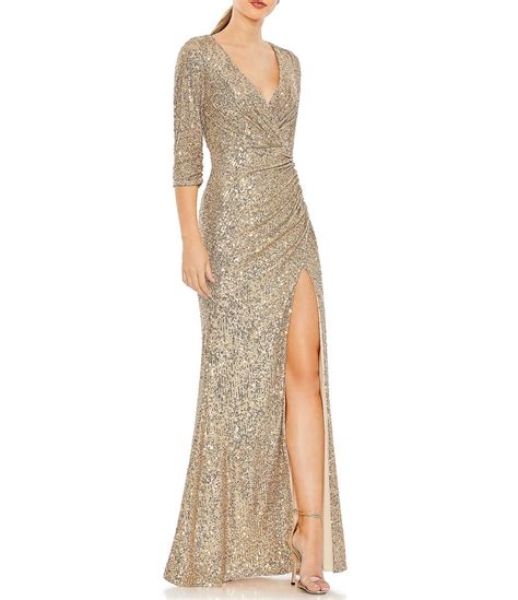 Mac Duggal Sequin Surplice V Neck Sleeve Thigh High Slit Ruched