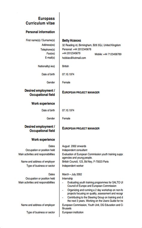 Free Sample Europass Curriculum Vitae Templates In Pdf Ms Word