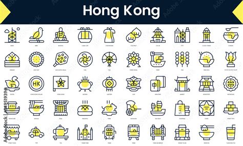 Set Of Thin Line Hong Kong Icons Line Art Icon With Yellow Shadow