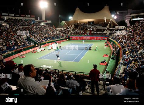Dubai Tennis Stadium At Night During The Atp Tennis Tournament Stock