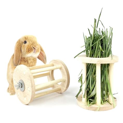 Rabbit Hay Feeder Chinchilla Rabbit Food Dispenser Wooden Rolling Rabbit Hay Rack Bunny Hay