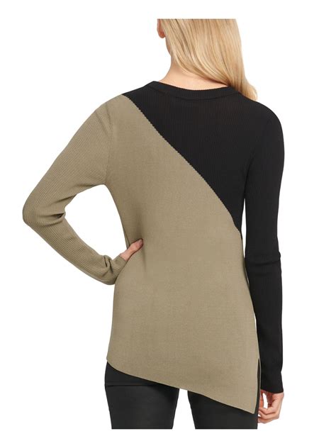 Dkny Womens Green Slitted Color Block Long Sleeve Jewel Neck Sweater