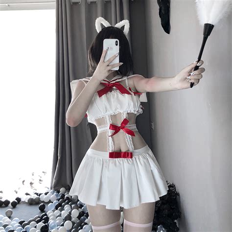 buy best and latest gender sexy erotic bowknot cat maid cosplay lingerie white bra lesbian set