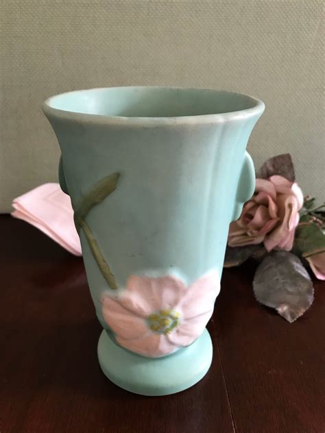 Vintage Weller Pottery Vase Wild Rose Ceramic Vase Mint Green Ceramic
