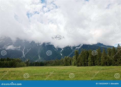 Cumulus Clouds Over Picturesque Mountain Ranges With Coniferous Forest