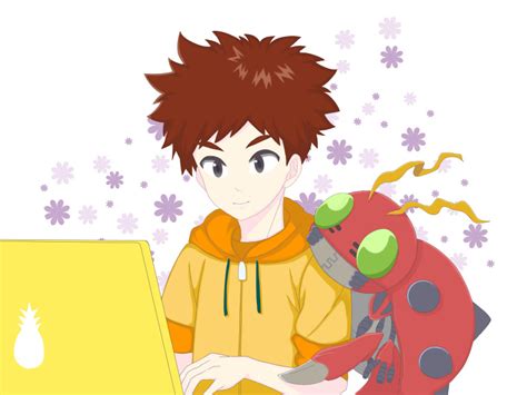 Izumi Koshiro Tentomon Digimon Absurdres Highres Antennae Computer Green Eyes Laptop