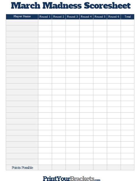 March Madness Bracket Scoresheet Point Tracker Printable