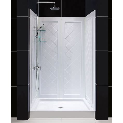 Dreamline 32 Inch D X 48 Inch W Center Drain Acrylic Shower Base And Qwall 5 Backwall Kit