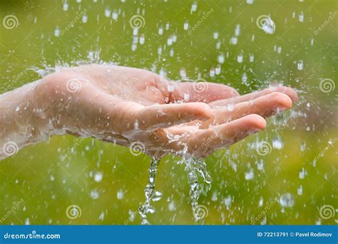 Hand Of Woman Catching Raindrops Closeup Stock Image Image Of