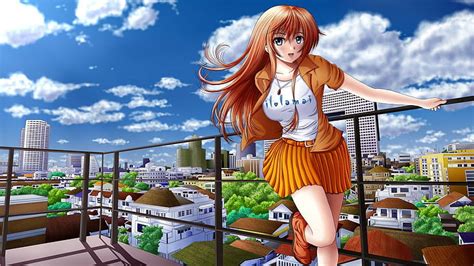 Mata Anime Brunette Karakter Asli Rok Atap Bangunan Kota Rambut Panjang Wallpaper Hd