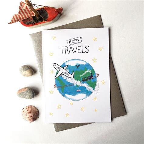 Happy Travels Greeting Card World Airplane Boat Train Digitally