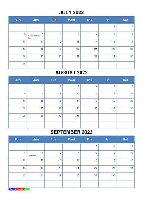 Free Printable July August September 2022 Calendar With Holidays As