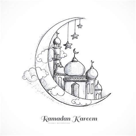 Hand Draw Moon Sketch Ramadan Kareem Card Design Stock Illustration